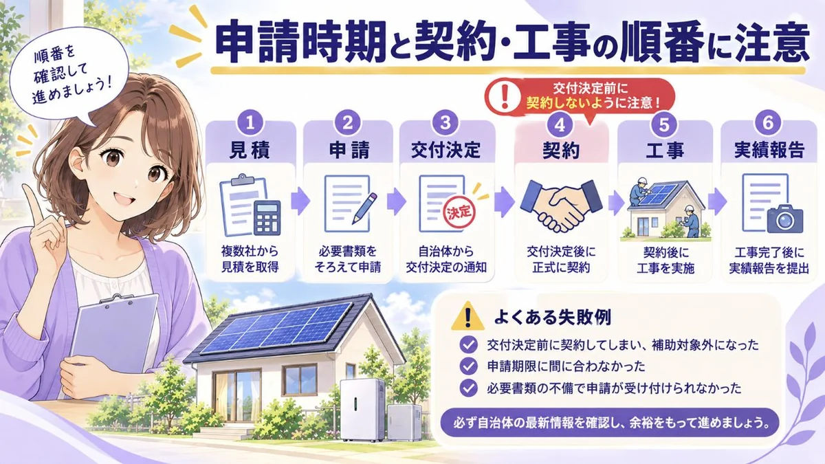 補助金申請で契約・工事・交付決定の順番を確認する図解
