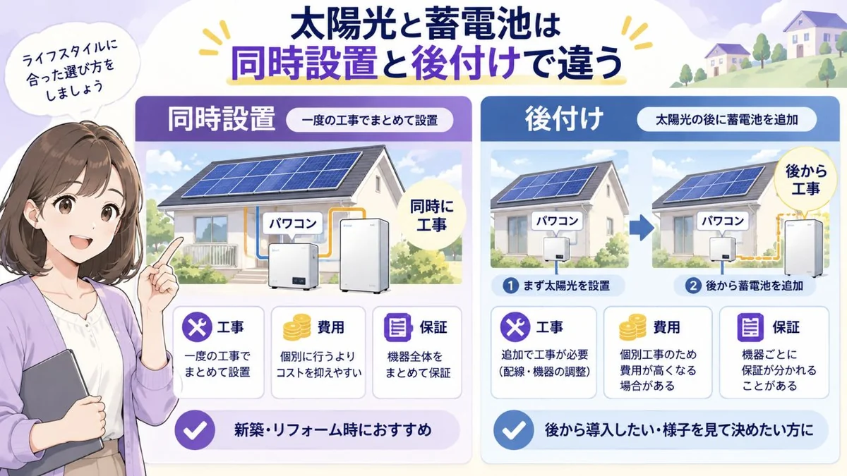 太陽光発電と蓄電池の同時設置と後付けの違いを示す図解