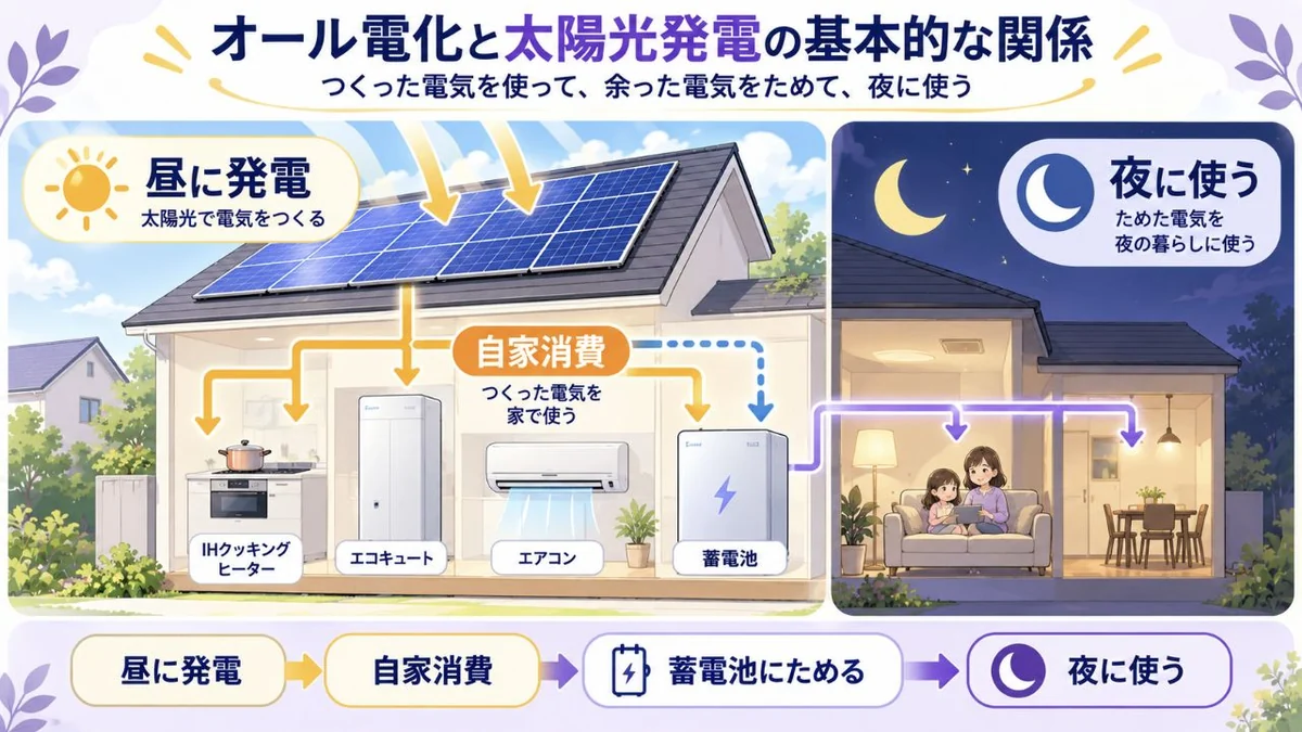 オール電化と太陽光発電の基本関係を昼夜の電気使用で示す図解