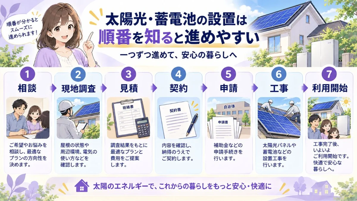 太陽光発電と蓄電池の設置手順をステップで示す図解