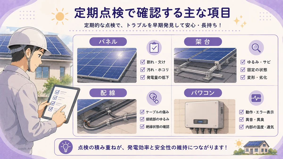 太陽光発電の定期点検で確認するパネル・架台・配線・パワコンの図解