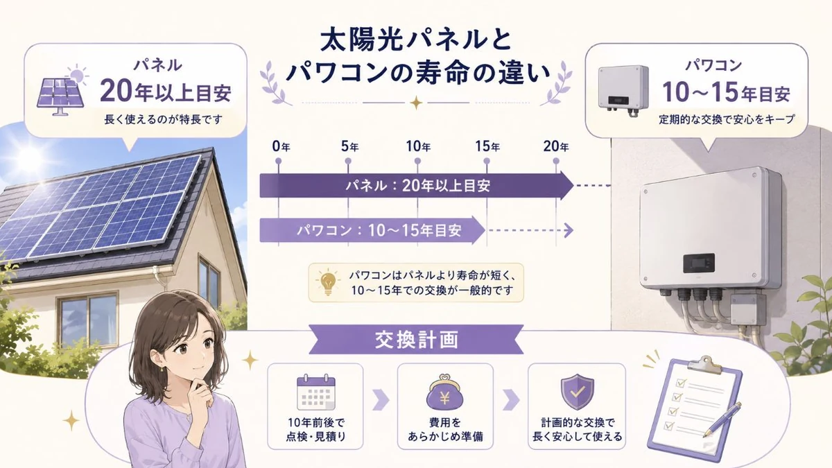 太陽光パネルとパワコンの寿命の違いを示す図解
