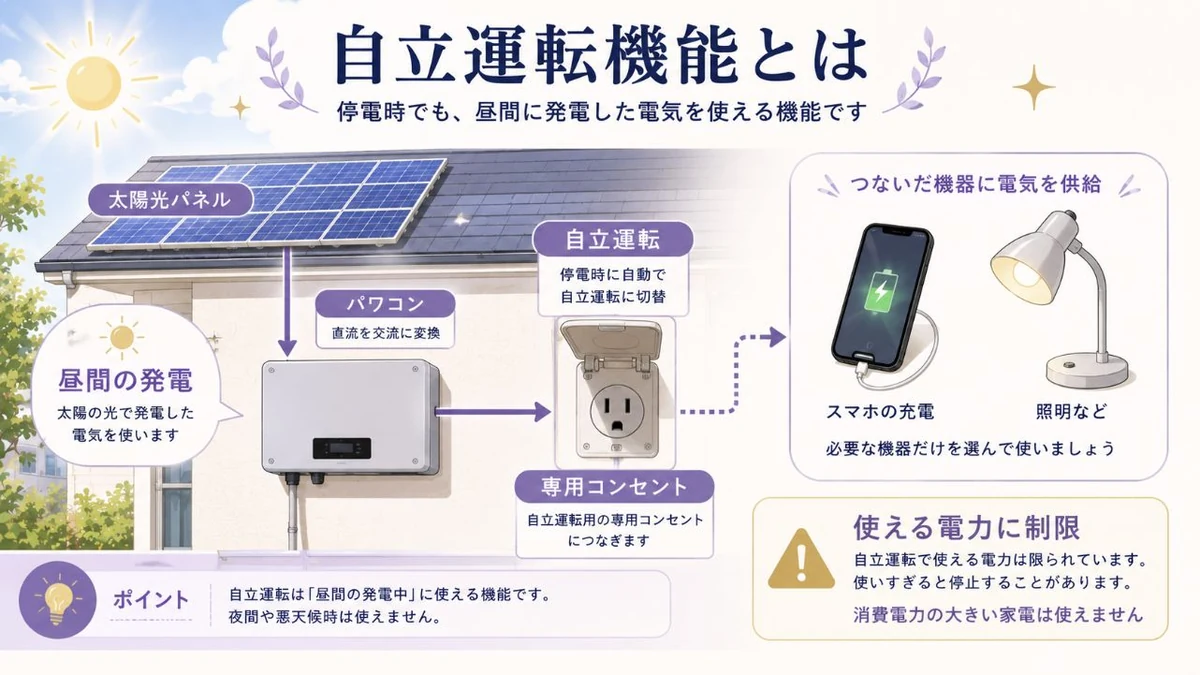 太陽光発電の自立運転機能と停電用コンセントを示す図解