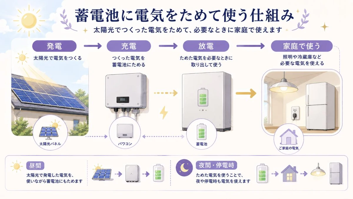 家庭用蓄電池に電気をためて使う仕組みの図解