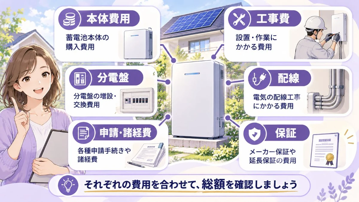 家庭用蓄電池の本体費用と工事費の内訳を示す図解