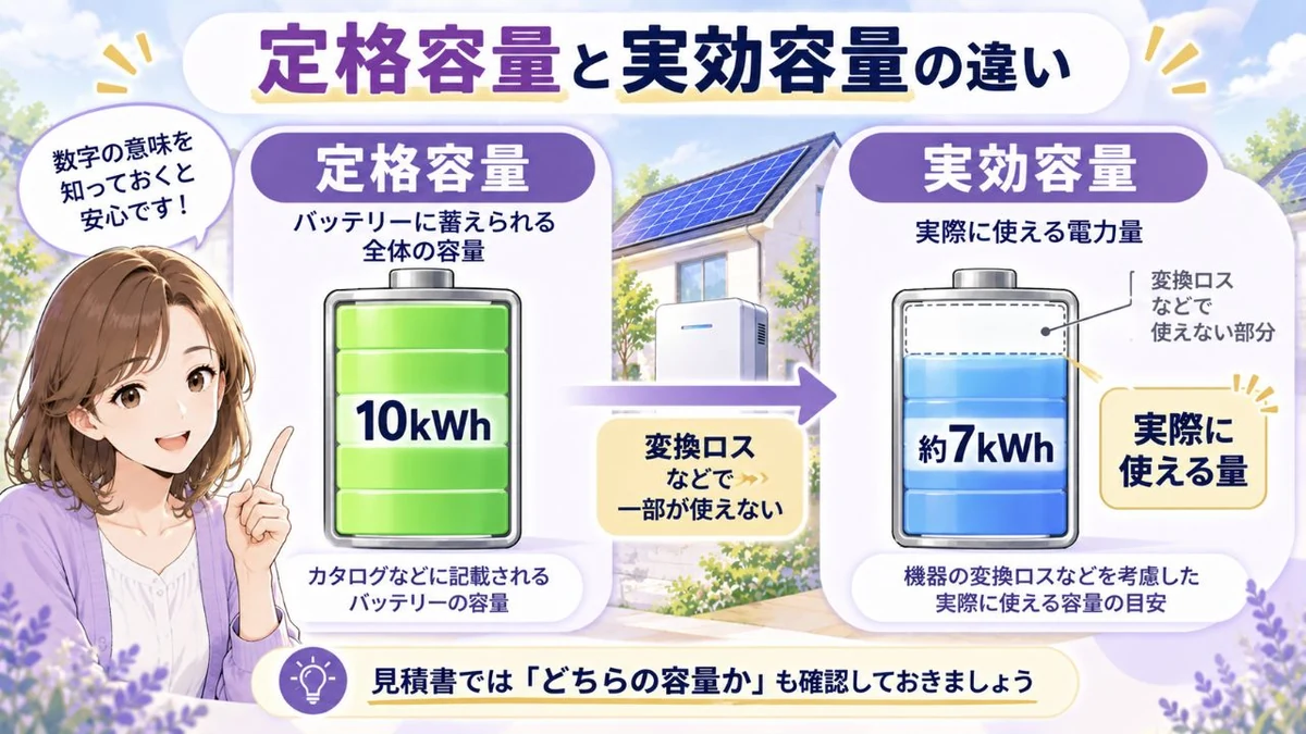 家庭用蓄電池の定格容量と実効容量の違いを示す図解