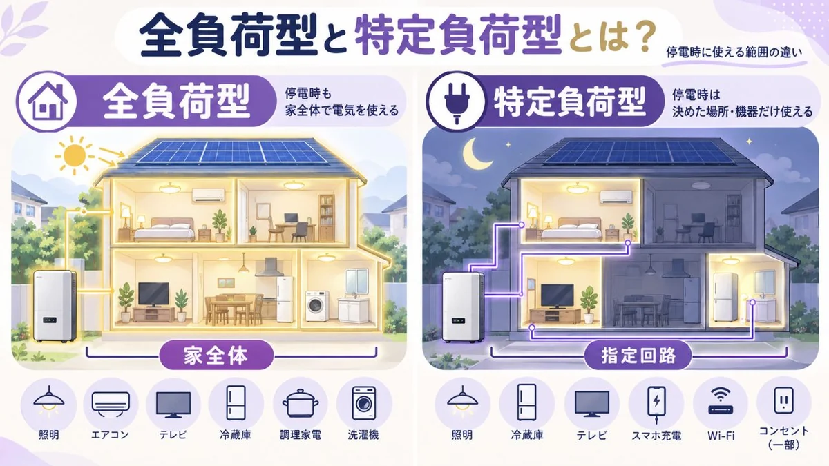 全負荷型と特定負荷型の違いを家全体と一部回路で示す図解