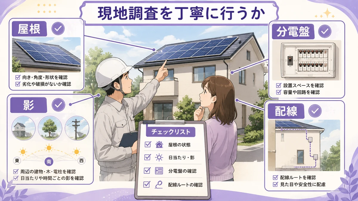 太陽光発電の現地調査で屋根や分電盤を確認するチェック図