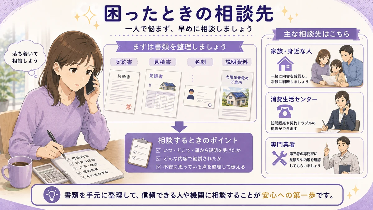太陽光発電の訪問販売で困ったときの相談先と必要書類を整理した図解