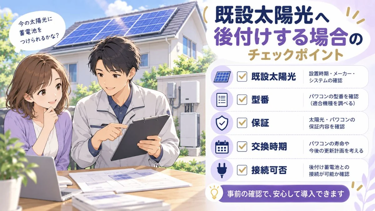 既設太陽光に蓄電池を後付けする場合の確認項目図解