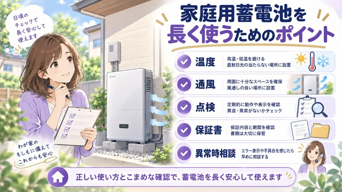 家庭用蓄電池を長く使うためのポイントを整理した図解
