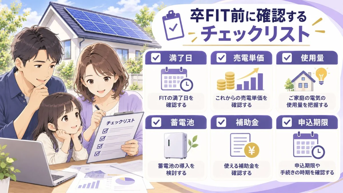 卒FIT前に確認する電気使用量・売電条件・蓄電池のチェックリスト図解