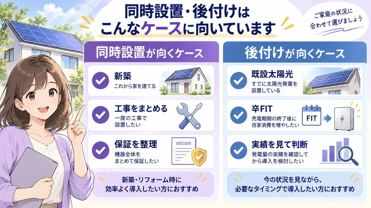同時設置が向くケースと後付けが向くケースを比較する図解
