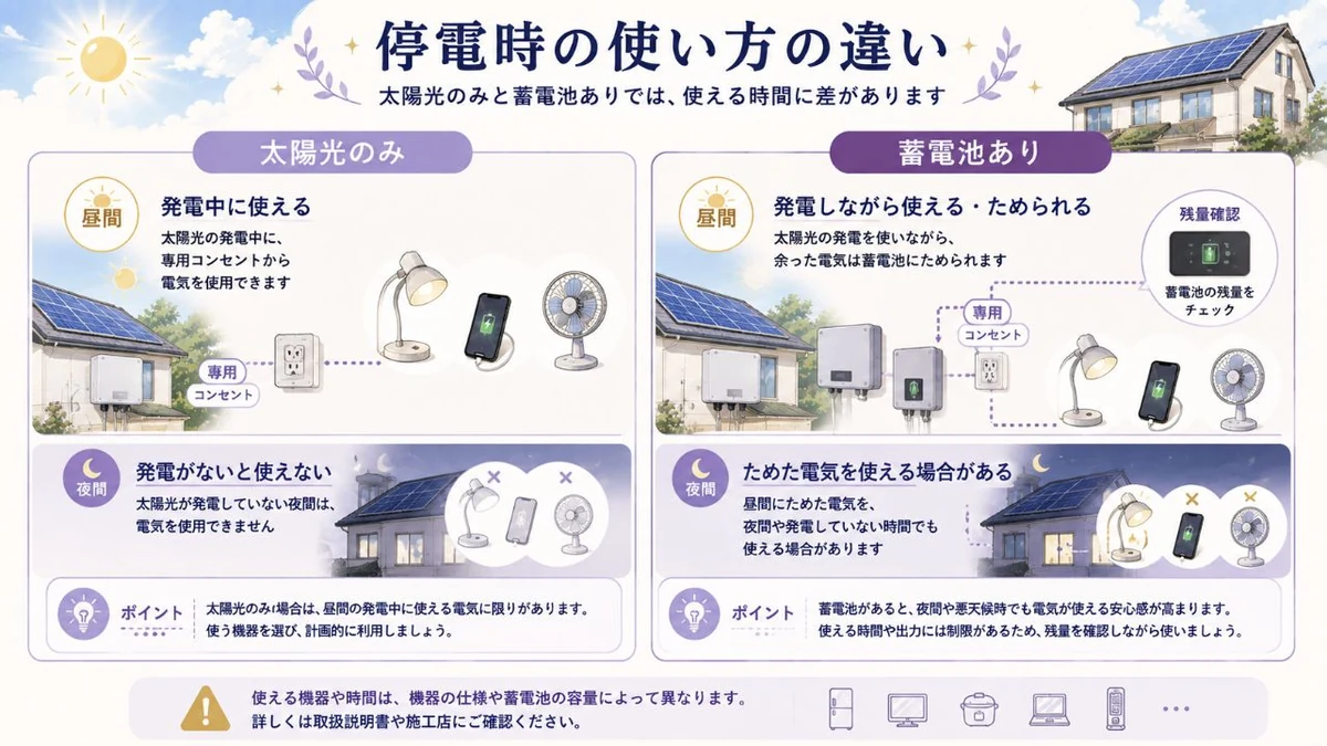 太陽光発電と蓄電池の停電時利用の違いを比較する図解