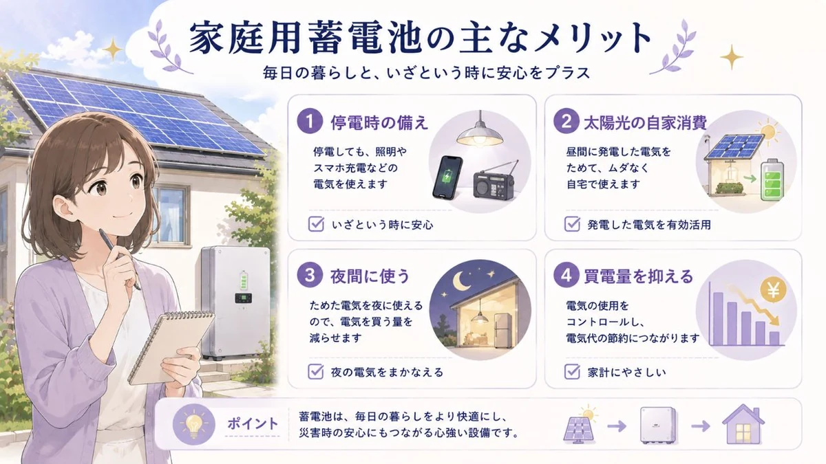 家庭用蓄電池の主なメリットを整理した図解