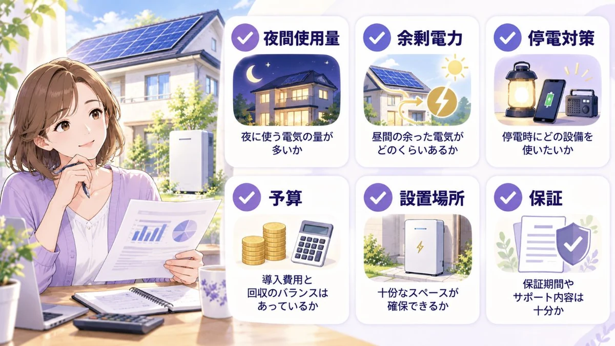太陽光発電に蓄電池が必要か判断するチェックポイントの図解