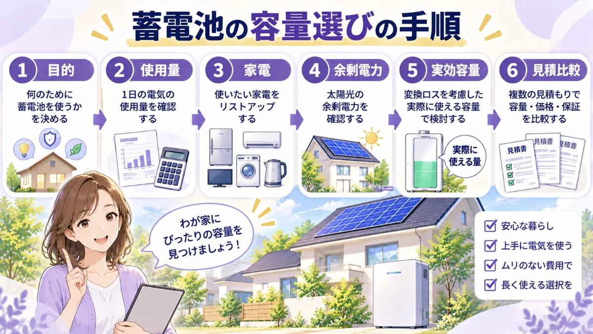家庭用蓄電池の容量選びのチェック手順を整理した図解
