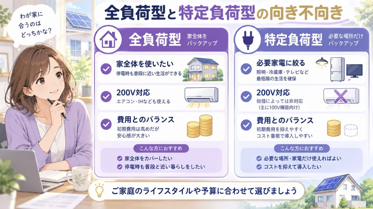 全負荷型と特定負荷型の向き不向きを比較する図解